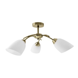 Mosiężna lampa sufitowa t.b.t. z trzema białymi szklanymi kloszami.