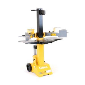 Żółta, stojąca łuparka do drewna t.b.t. z czarnym klinem i kołami.