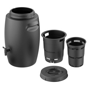 Czarny pojemnik na kompost t.b.t. z akcesoriami, takimi jak pokrywa i wkładki sitowe.