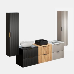 Nowoczesny zestaw mebli łazienkowych z umywalkami, szafką pod umywalkę i szafkami wysokimi w różnych kolorach.