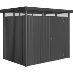 Metalowy domek narzędziowy Biohort HighLine, ciemnoszary metalik, 4,6 m² z pojedynczymi drzwiami.