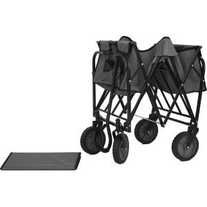 Szary składany wózek do prac ogrodowych, złożony z podkładką.