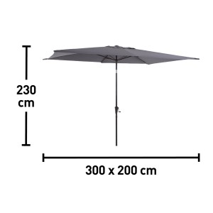 Szary, prostokątny parasol balkonowy (300x200 cm) z wymiarami.