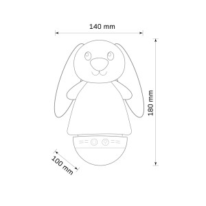 Szkic lampki stołowej w kształcie królika z wymiarami (wysokość 180mm, szerokość głowy 140mm, szerokość podstawy 100mm).