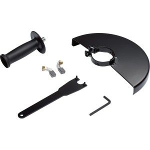 Zestaw akcesoriów do szlifierki: uchwyt, osłona, szczotki węglowe, klucz.