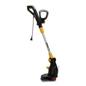 Elektryczna podkaszarka t.b.t. w kolorze czarno-żółtym.