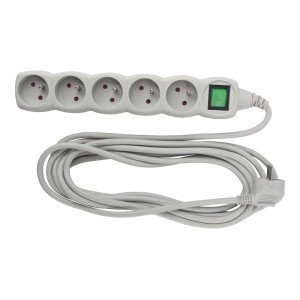 Szara listwa zasilająca t.b.t. z sześcioma gniazdami i włącznikiem.