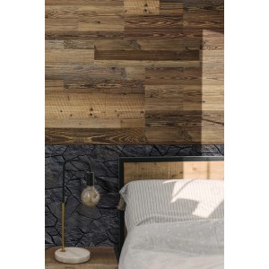 Panele ścienne t.b.t. w wyglądzie drewna i kamienia w sypialni.