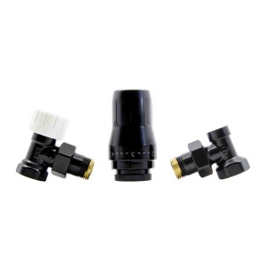 t.b.t. do instalacji grzewczych: Głowica termostatyczna i zawory w kolorze czarnym i mosiężnym.