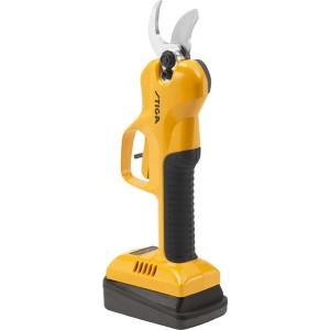 Akumulatorowe nożyce do gałęzi Stiga SC 100 z akumulatorem, żółto-czarne, do precyzyjnych cięć w ogrodzie.