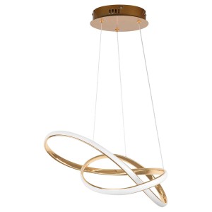 Nowoczesna lampa wisząca LED ze splecionymi, złotymi pierścieniami.