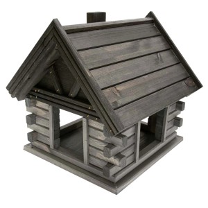 Szary karmnik dla ptaków w stylu chaty z bali do ogrodu.