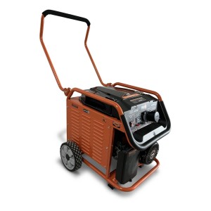 Pomarańczowy agregat prądotwórczy t.b.t. z kołami i uchwytem do użytku mobilnego.