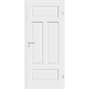 Białe drzwi wewnętrzne z trzema panelami i srebrną klamką.