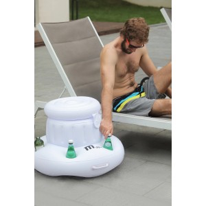 Nadmuchiwany cooler do napojów do basenu, biały bar przy basenie z uchwytami na napoje.