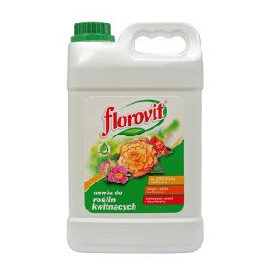 Nawóz płynny do roślin kwitnących Florovit, kanister z uchwytem i zieloną nakrętką.