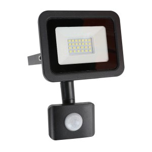 Czarny reflektor LED z czujnikiem ruchu do użytku zewnętrznego.