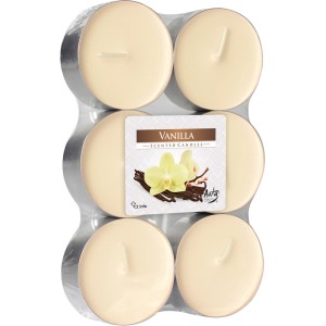 6 Maxi świec zapachowych Wanilia w formacie tealight, w kolorze kremowym, z etykietą waniliową.