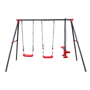 Huśtawka plac zabaw z dwoma siedziskami i huśtawką dla dzieci w kolorze czerwonym i szarym.