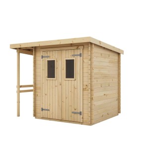Drewniany domek ogrodowy t.b.t. z podwójnymi drzwiami i małym zadaszeniem. Idealny jako domek narzędziowy.