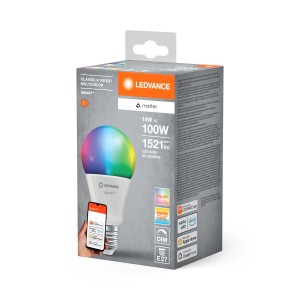 Żarówka LED LEDVANCE Smart+ Multicolor E27 w pudełku, sterowana przez aplikację.