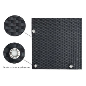 Zbliżenie czarnej maty ogrodzeniowej z oczkami do mocowania.