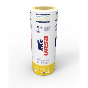 Rolka wełny mineralnej t.b.t., białe opakowanie z niebieskim logo Ursa.