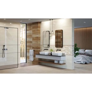 Nowoczesna łazienka z płytkami ściennymi t.b.t. w beżowym i drewnopodobnym kolorze.