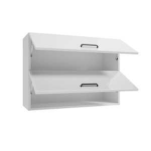 Biała szafka wisząca z serii mebli kuchennych t.b.t. z dwoma otwieranymi klapami.