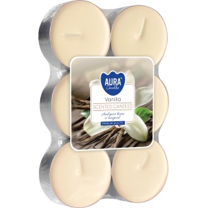 6 Maxi świece zapachowe Wanilia w formacie tealight, Ø 5,7 cm, zapakowane w folię.