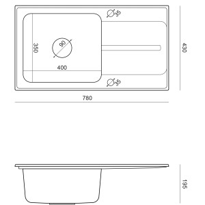 Szkic zlewozmywaka granitowego t.b.t. z wymiarami do instalacji.