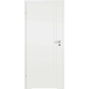 Białe drzwi wewnętrzne t.b.t. z srebrną klamką.