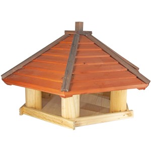 Drewniany karmnik dla ptaków z czerwonym dachem do ogrodu.