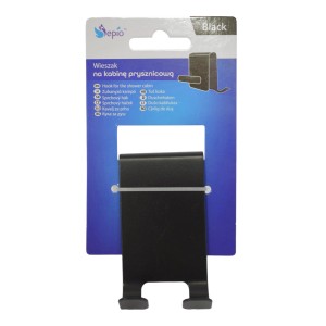 Czarny haczyk prysznicowy do montażu w kabinie prysznicowej.