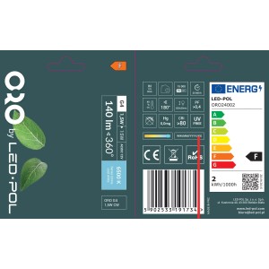 Opakowanie żarówki LED G4 ORO o mocy 1,5W, 140 lumenów i 6500K.
