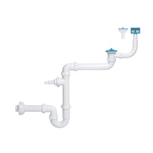 Biały syfon do zlewu z różnymi rurami i złączkami.