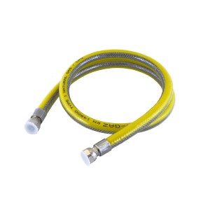 Żółty wąż gazowy t.b.t. Flex ze srebrną osłoną i złączami.