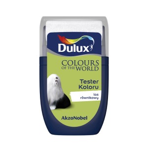 Tester koloru Dulux „Las Równikowy“: Niebiesko-zielony wałek do farb ściennych z psem.