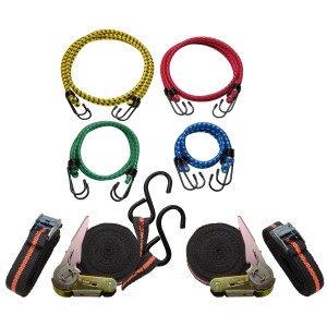 Zestaw pasów mocujących LUX, 12 elementów: Pasy z haczykami i samozaciskowe, ekspandery gumowe w różnych kolorach i rozmiarach.