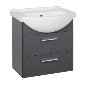 Szara szafka pod umywalkę t.b.t. z białą umywalką i dwiema szufladami.