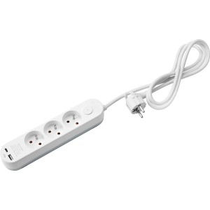 Biała listwa zasilająca z trzema gniazdami Schuko i portami USB.
