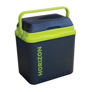 Przenośna lodówka turystyczna w kolorze granatowo-zielonym.