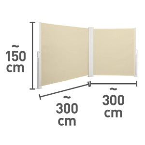 Ilustracja wymiarów beżowej markizy bocznej t.b.t.: 150 cm wysokości, 300 cm szerokości.