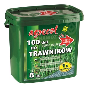Zielone wiadro nawozu do trawników długodziałającego Agrecol, 5 kg.