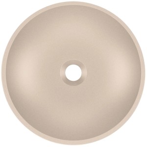 Okrągła umywalka nablatowa t.b.t. w kolorze beżowym, widok z góry.