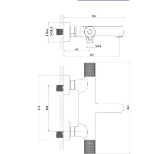 Rysunek techniczny baterii termostatycznej t.b.t. z wymiarami.