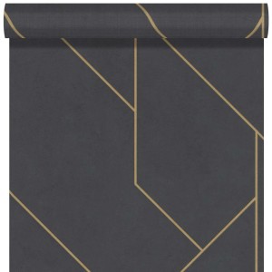 Rolka ciemnej tapety dekoracyjnej ze złotym wzorem linii.