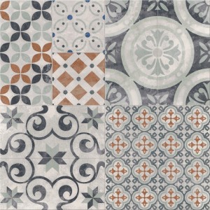 Dekoracyjna płytka podłogowa t.b.t. z różnymi wzorami vintage w kolorze szarym, niebieskim i brązowym.