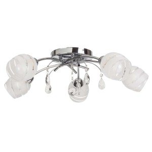 Lampa sufitowa t.b.t. z pięcioma kloszami i kryształowymi zawieszkami.
