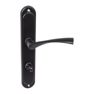 Czarny zestaw klamek do drzwi z szyldem na klucz, odpowiedni do drzwi wewnętrznych.